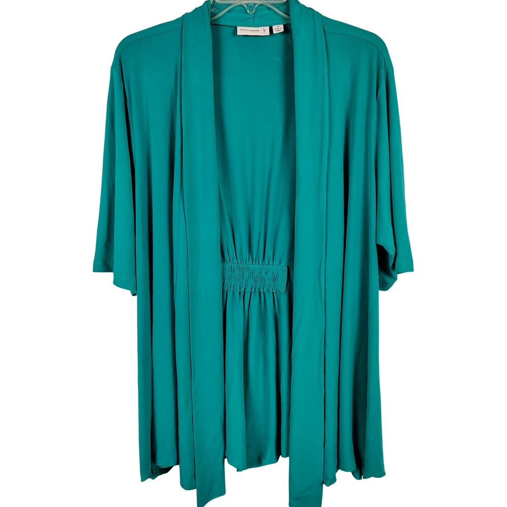 Susan Graver Womens 1X Open Front Cardigan Teal Cinched Back Office Minimalist